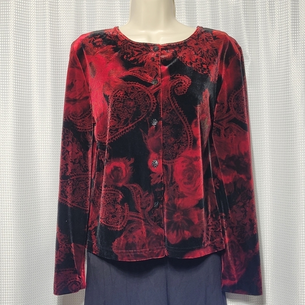 VTG EN FOCUS Studio Black Velvet and Rose Print Button Down Sweater (MP)